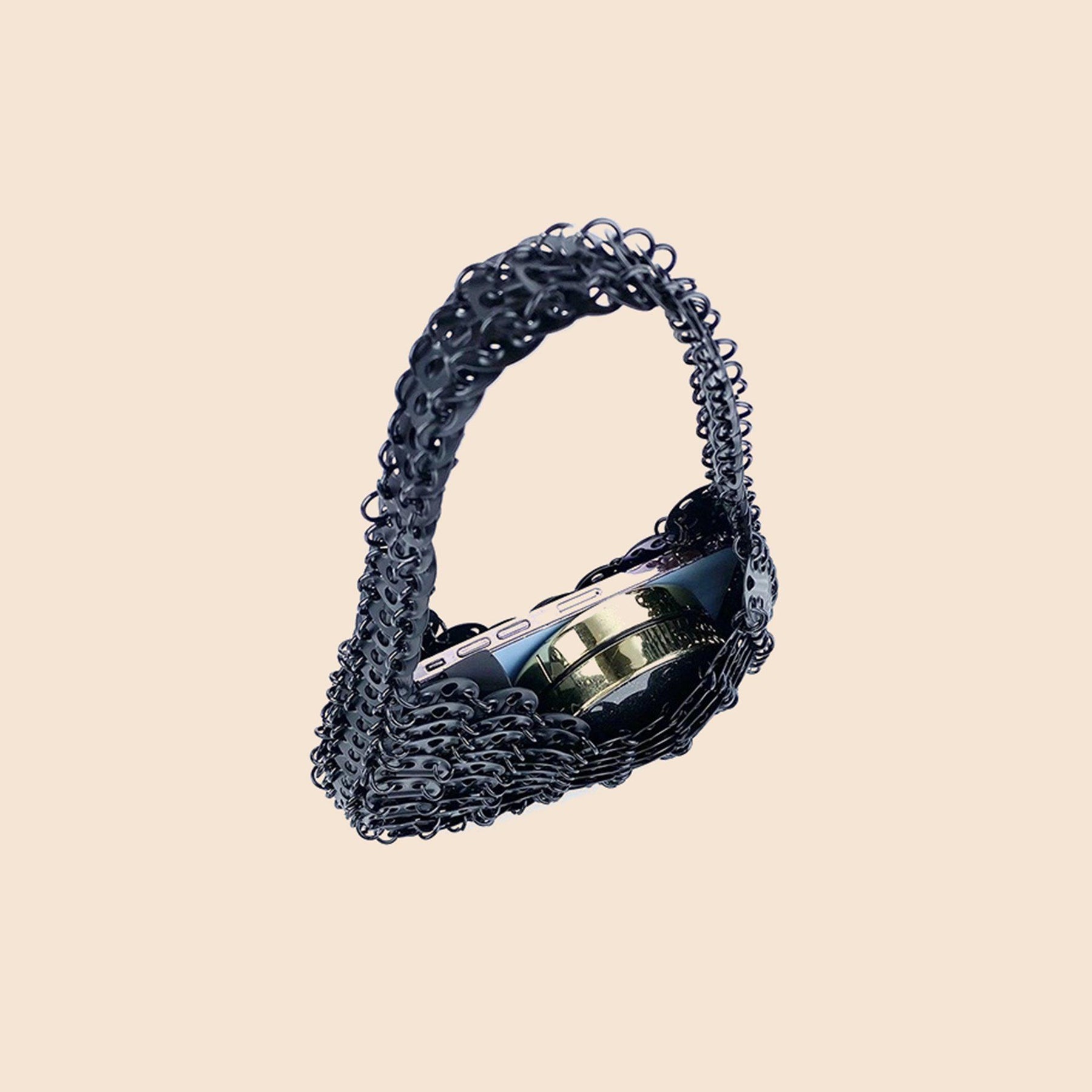 Black crystal beaded crescent shoulder bag angle view