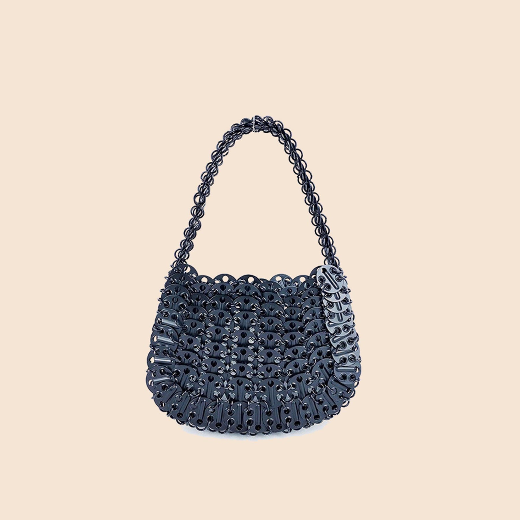Black crystal beaded crescent shoulder bag side angle view