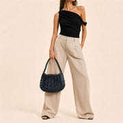 Black crystal beaded crescent shoulder bag model styling image