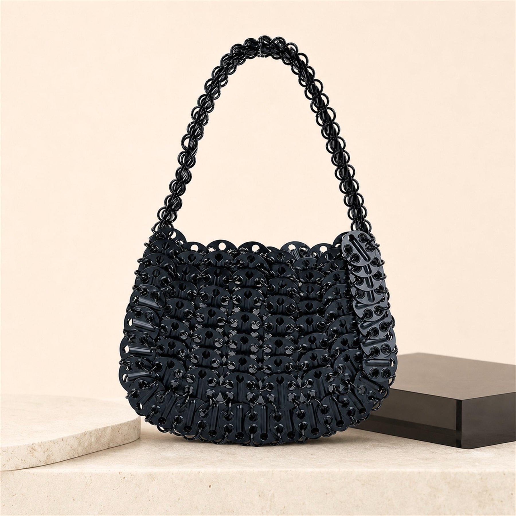 Black crystal beaded crescent shoulder bag scene image