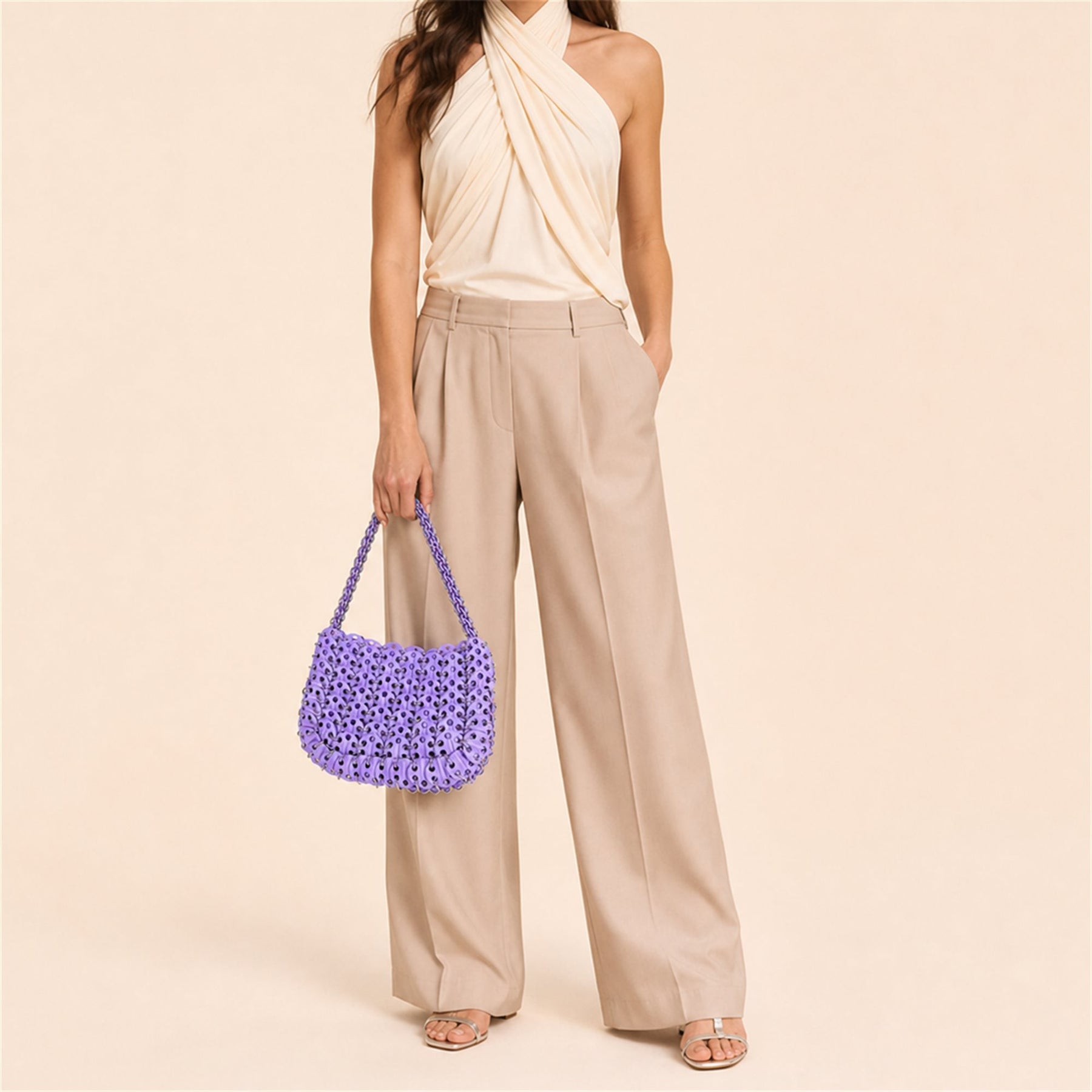 Violet crystal beaded crescent shoulder bag model styling image