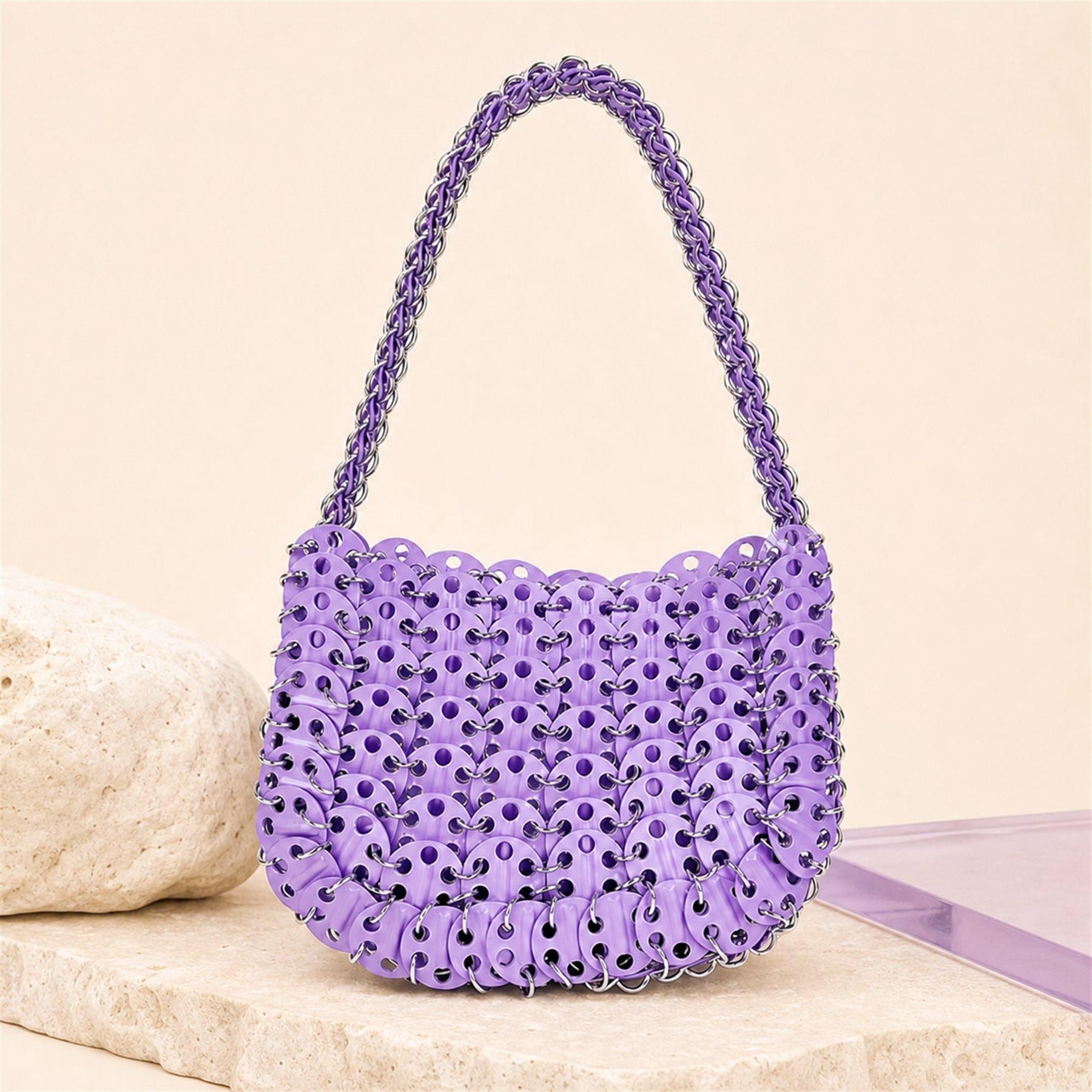 Violet crystal beaded crescent shoulder bag scene image