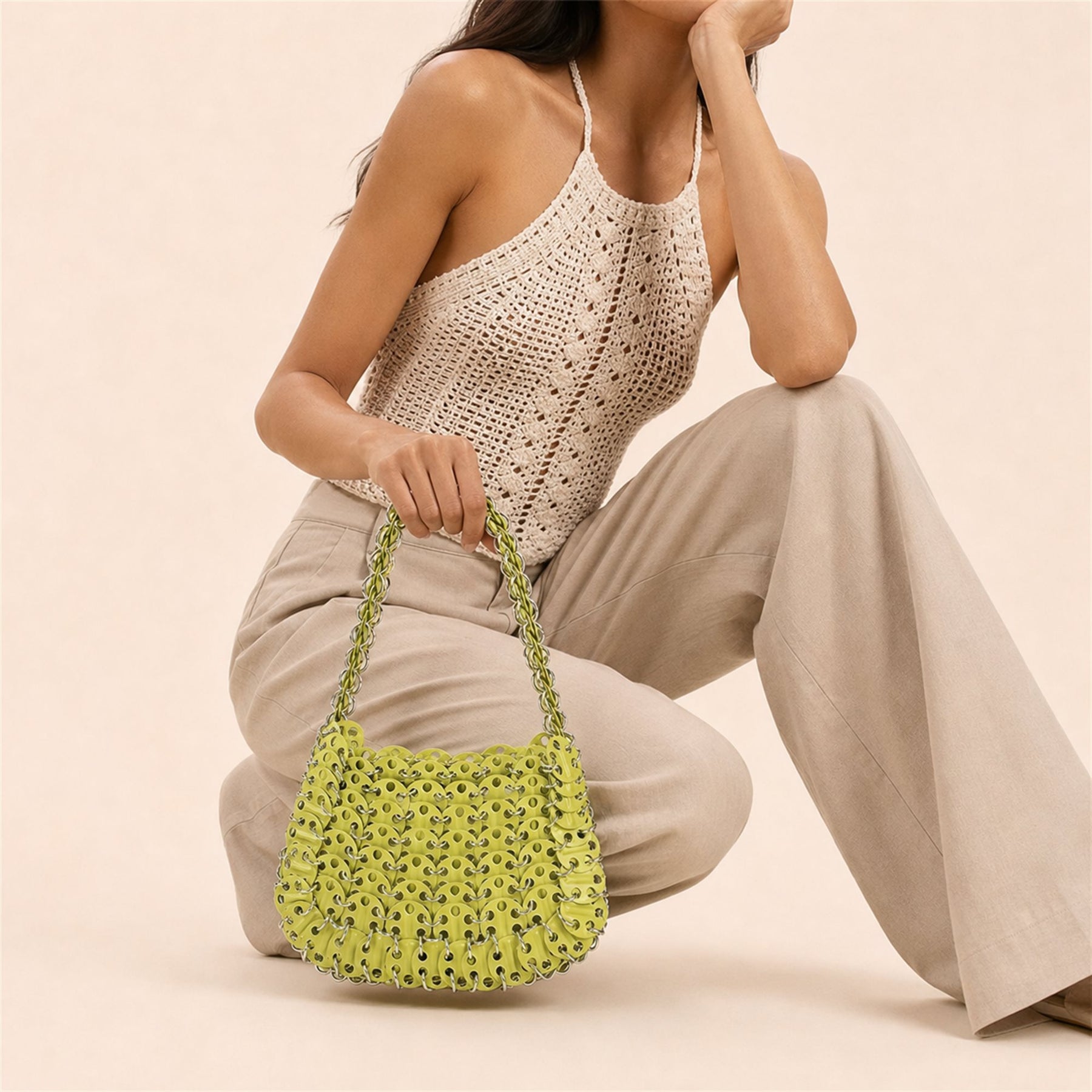 Yellow Green crystal beaded crescent shoulder bag model styling image