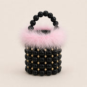 Black Pink feather-trim beaded mini bucket bag angle image 1