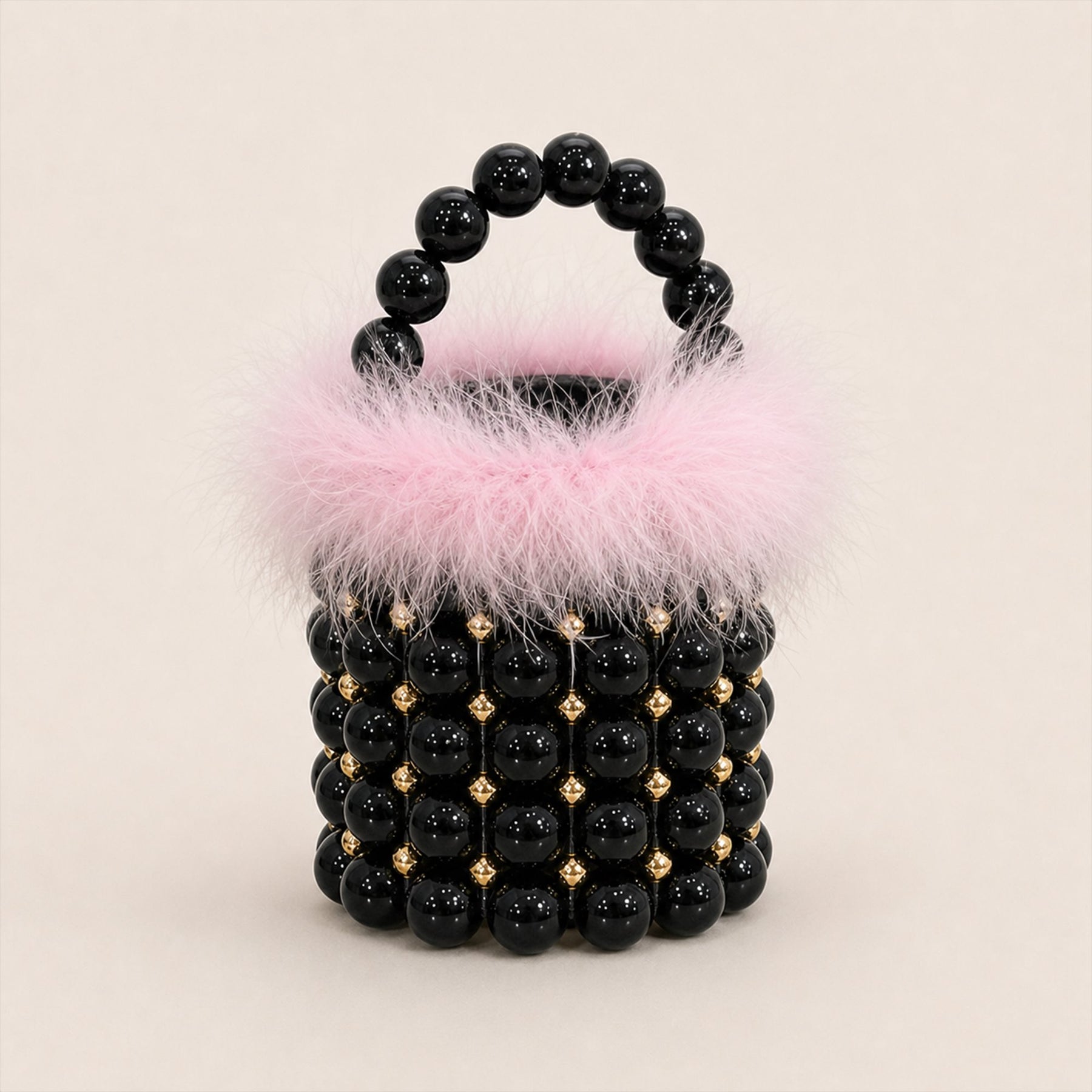 Black Pink feather-trim beaded mini bucket bag angle image 1