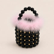 Black Pink feather-trim beaded mini bucket bag angle image 2
