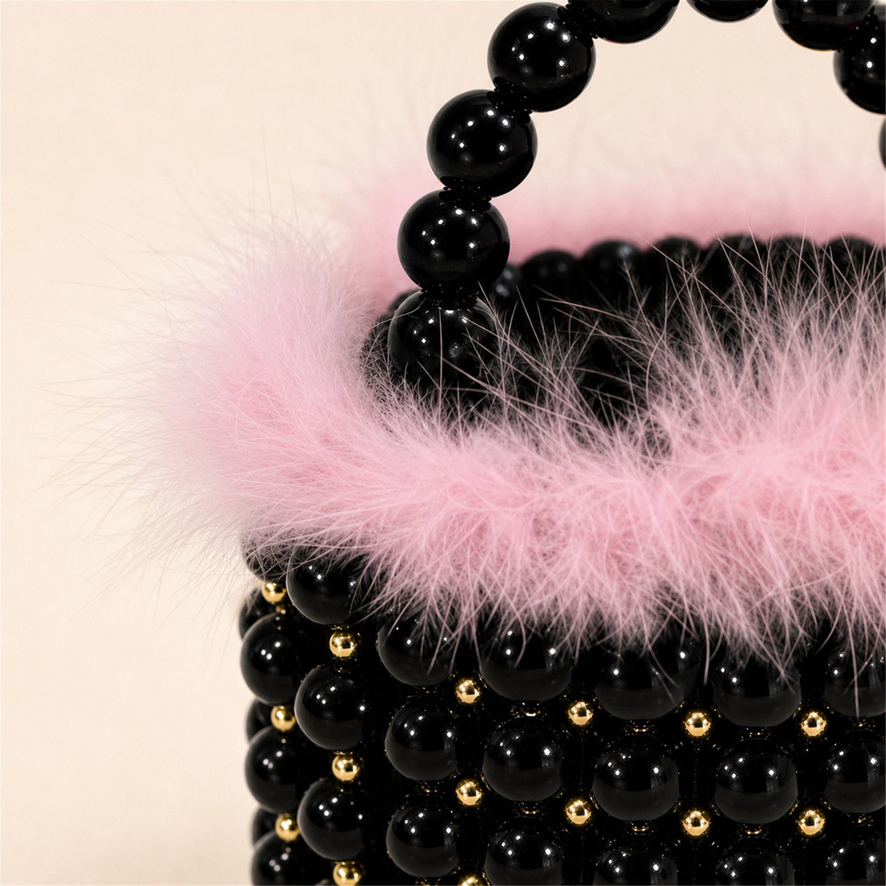 Black Pink feather-trim beaded mini bucket bag detail image