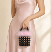 Black Pink feather-trim beaded mini bucket bag model image