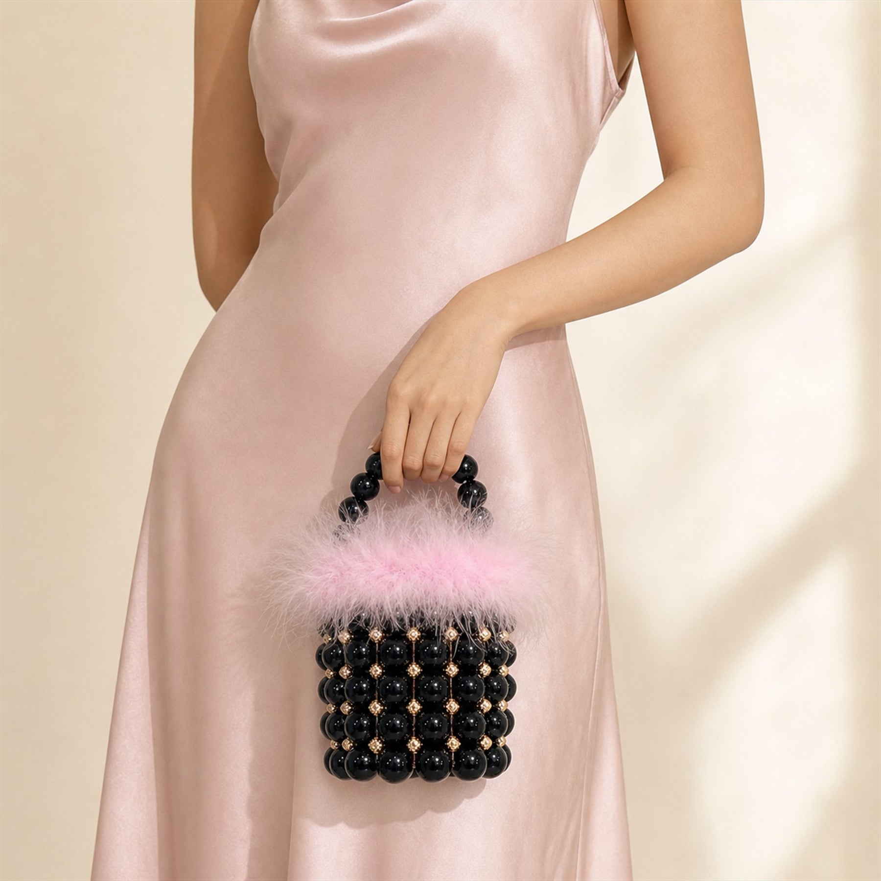 Black Pink feather-trim beaded mini bucket bag model image