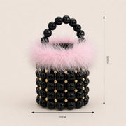 Black Pink feather-trim beaded mini bucket bag size guide