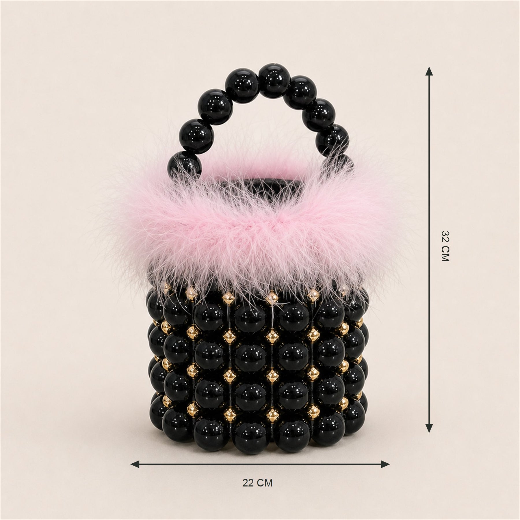 Black Pink feather-trim beaded mini bucket bag size guide