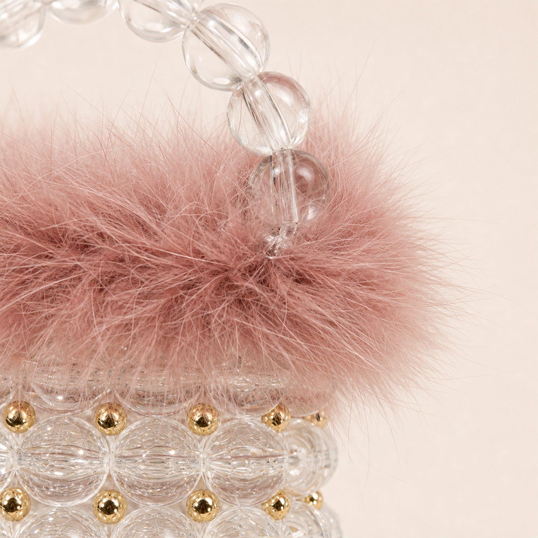 Clear Pink feather-trim beaded mini bucket bag detail image
