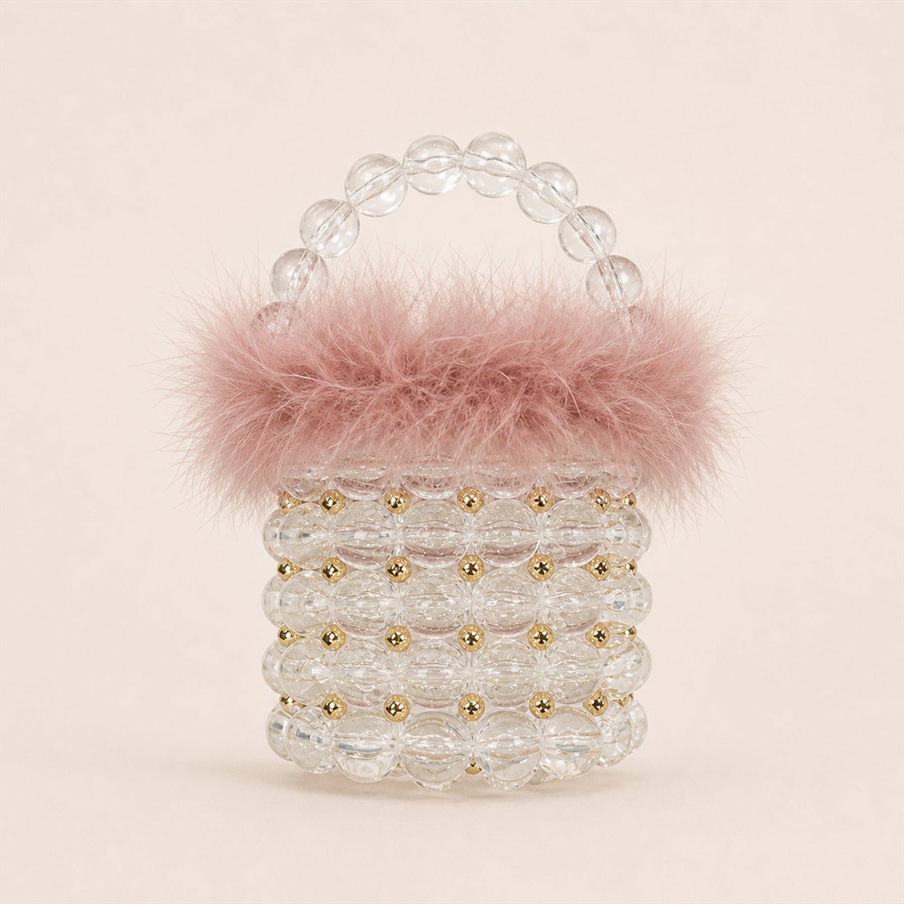 Feather-Trim Beaded Mini Bucket Bag