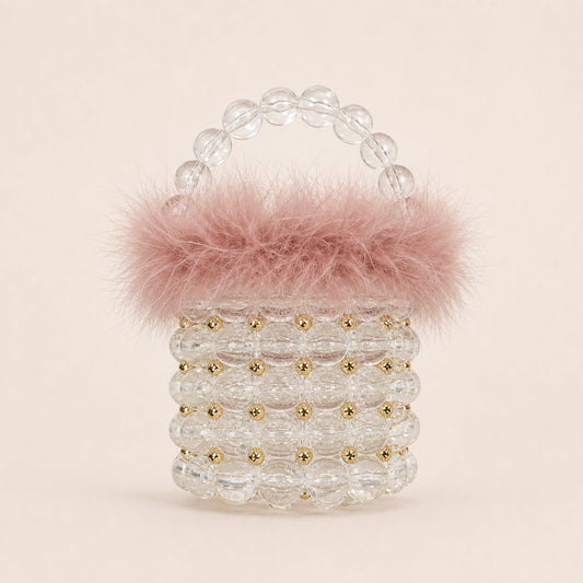 Feather-Trim Beaded Mini Bucket Bag