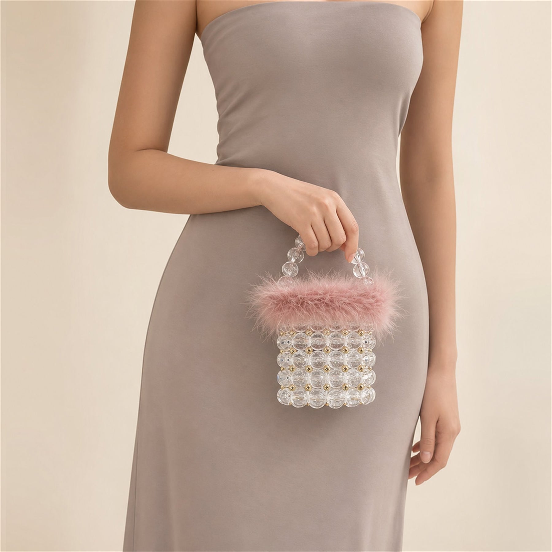 Clear Pink feather-trim beaded mini bucket bag model image