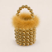 Golden Yellow feather-trim beaded mini bucket bag angle image