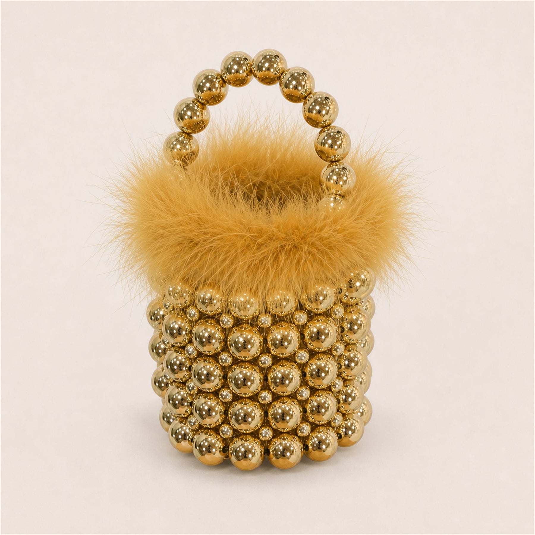 Golden Yellow feather-trim beaded mini bucket bag angle image