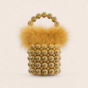 Golden Yellow feather-trim beaded mini bucket bag main image