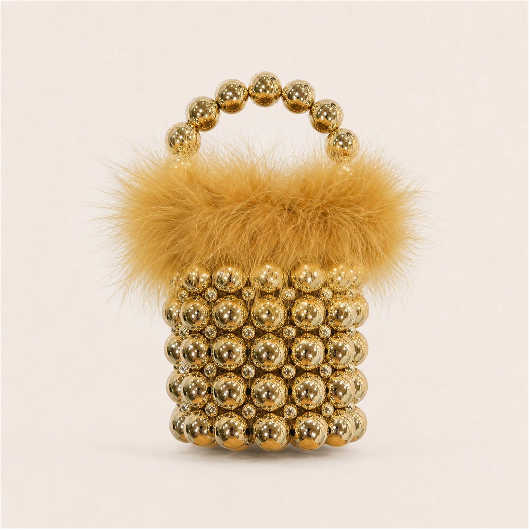 Golden Yellow feather-trim beaded mini bucket bag main image