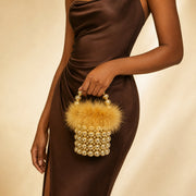 Golden Yellow feather-trim beaded mini bucket bag model image