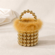 Golden Yellow feather-trim beaded mini bucket bag lifestyle image