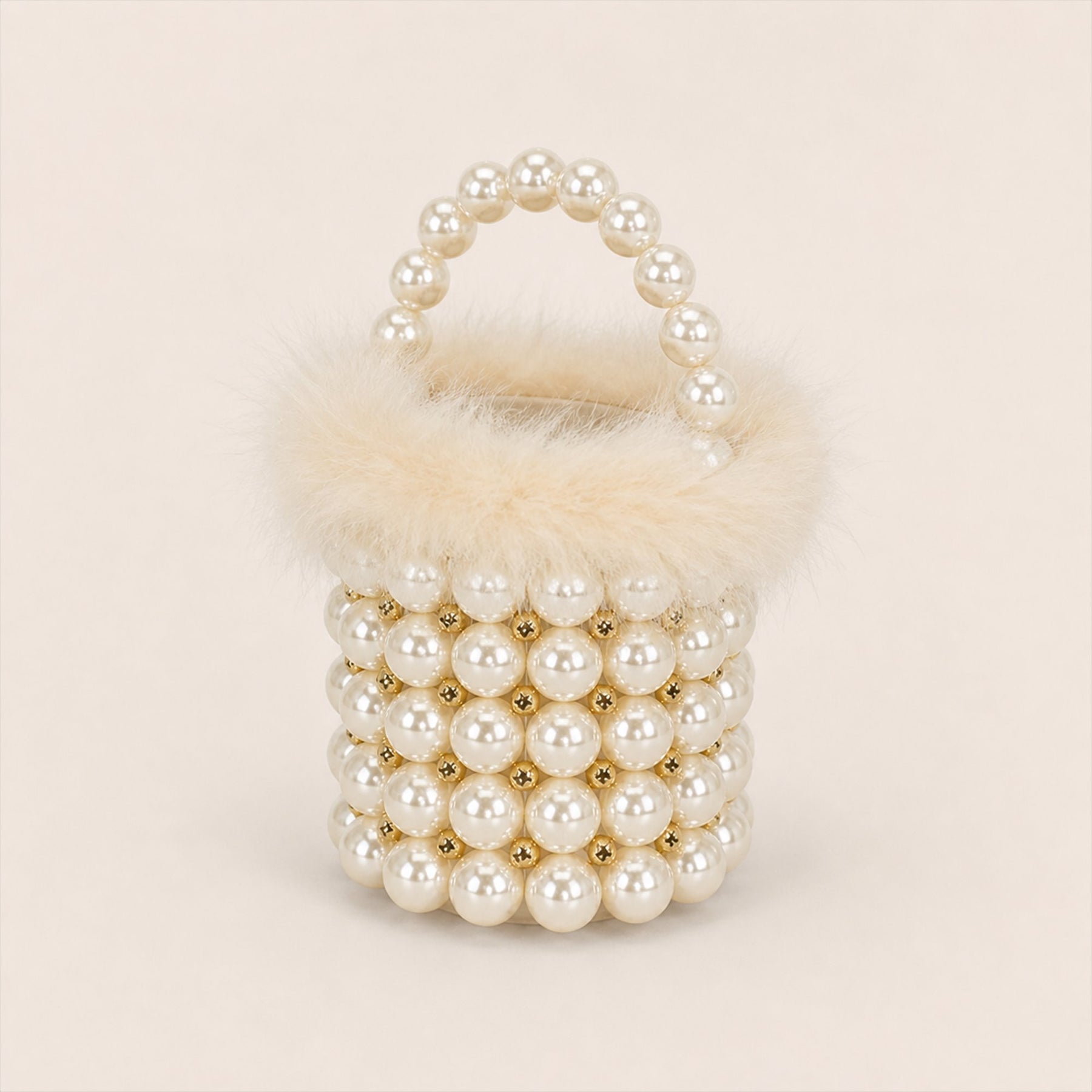 Feather-Trim Beaded Mini Bucket Bag