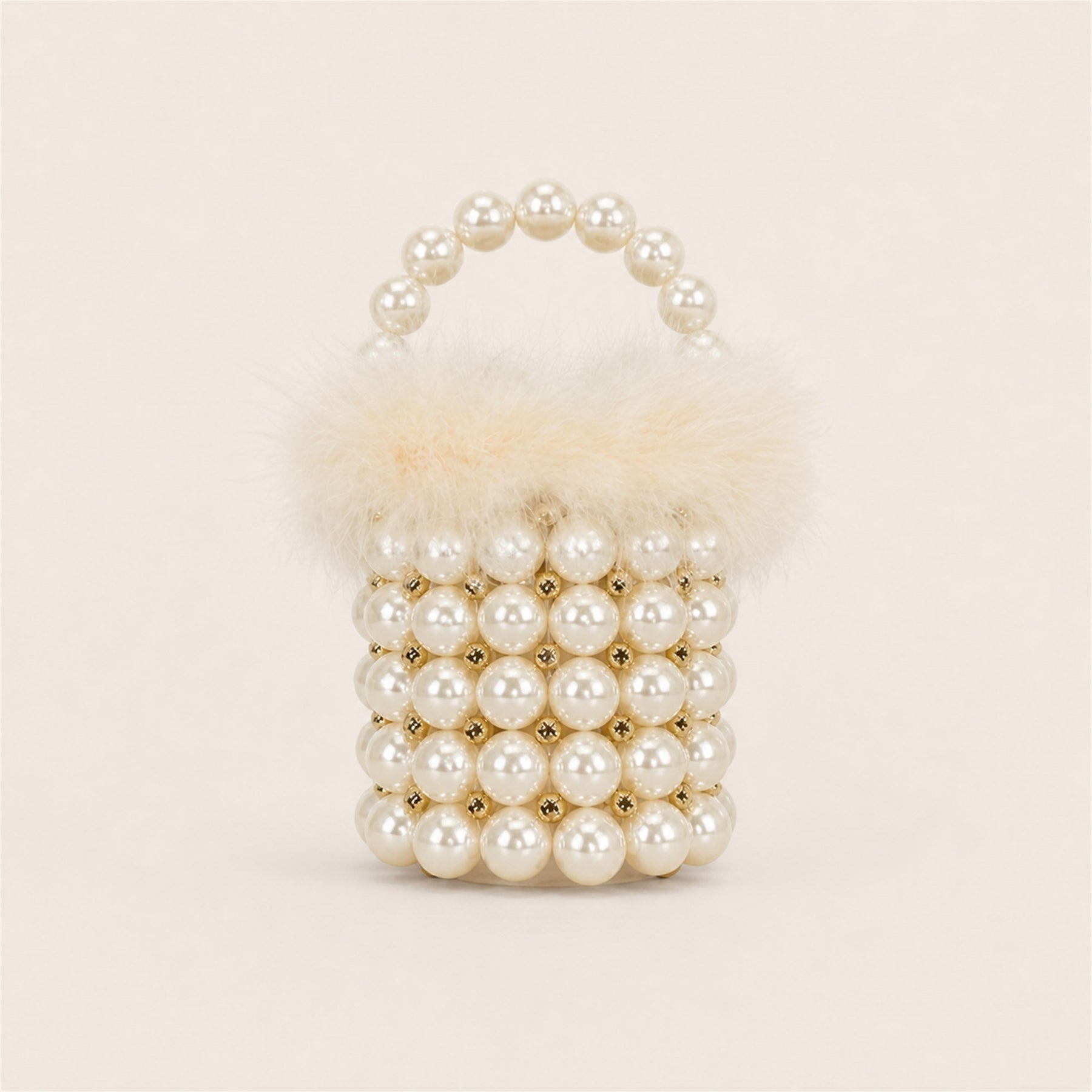 Feather-Trim Beaded Mini Bucket Bag