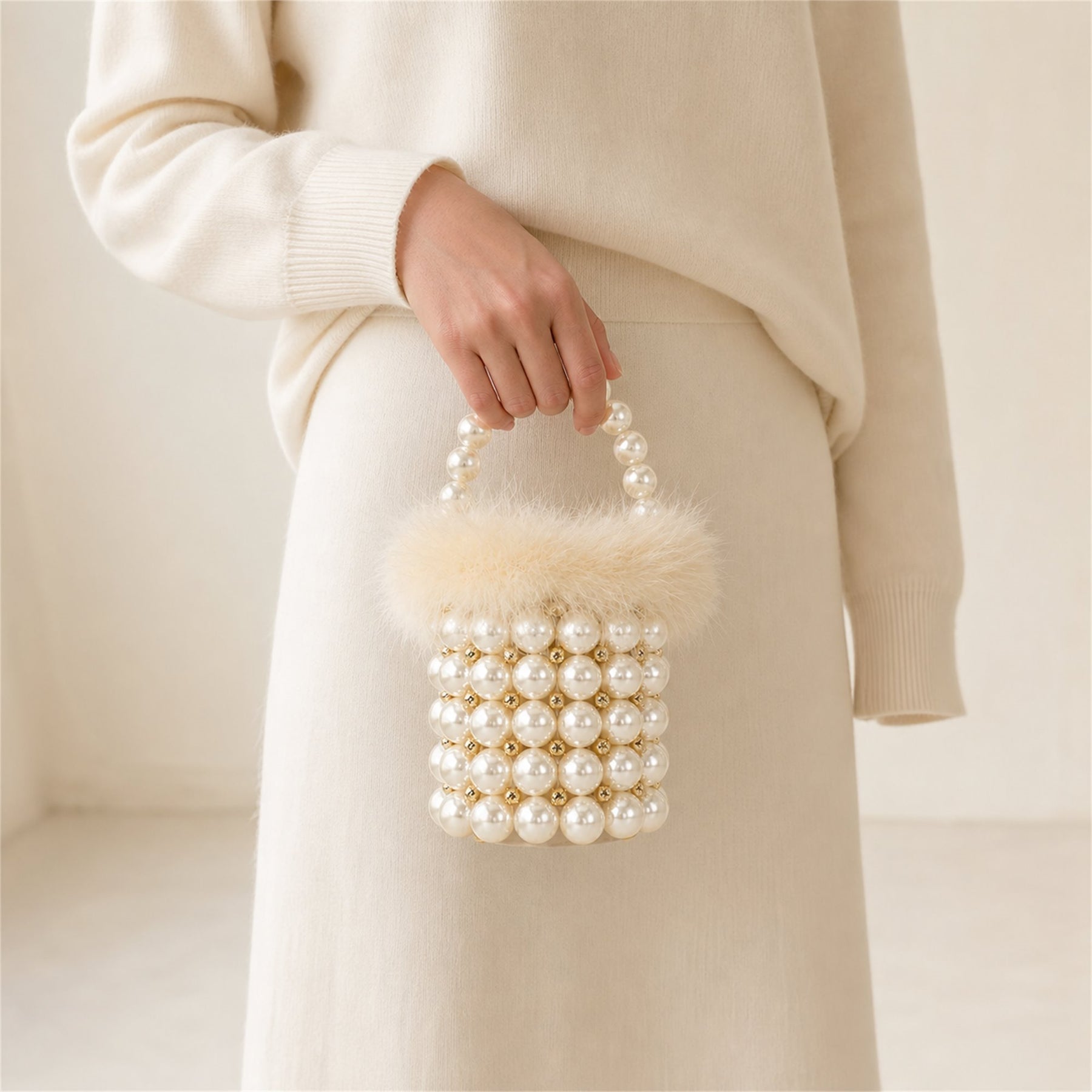 Feather-Trim Beaded Mini Bucket Bag