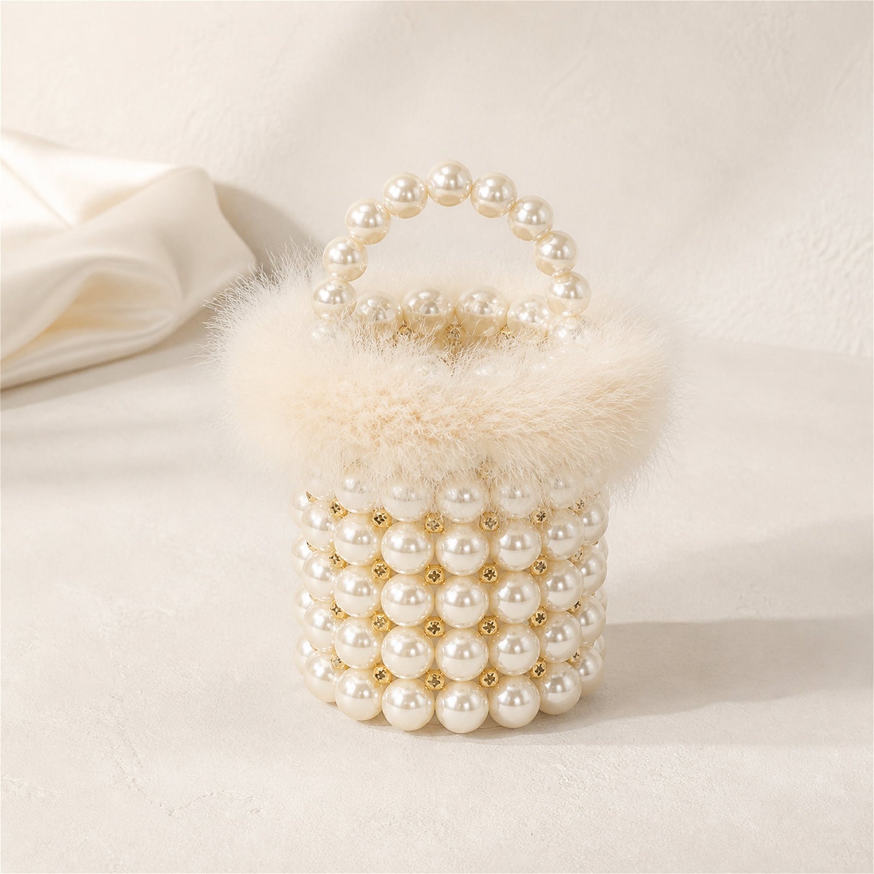 Feather-Trim Beaded Mini Bucket Bag