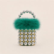 Silver Green feather-trim beaded mini bucket bag main image