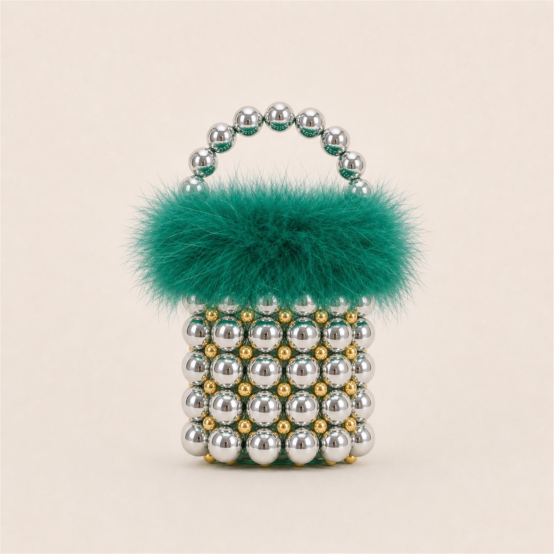 Silver Green feather-trim beaded mini bucket bag main image