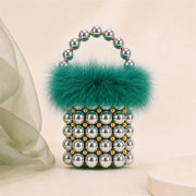 Silver Green feather-trim beaded mini bucket bag lifestyle image