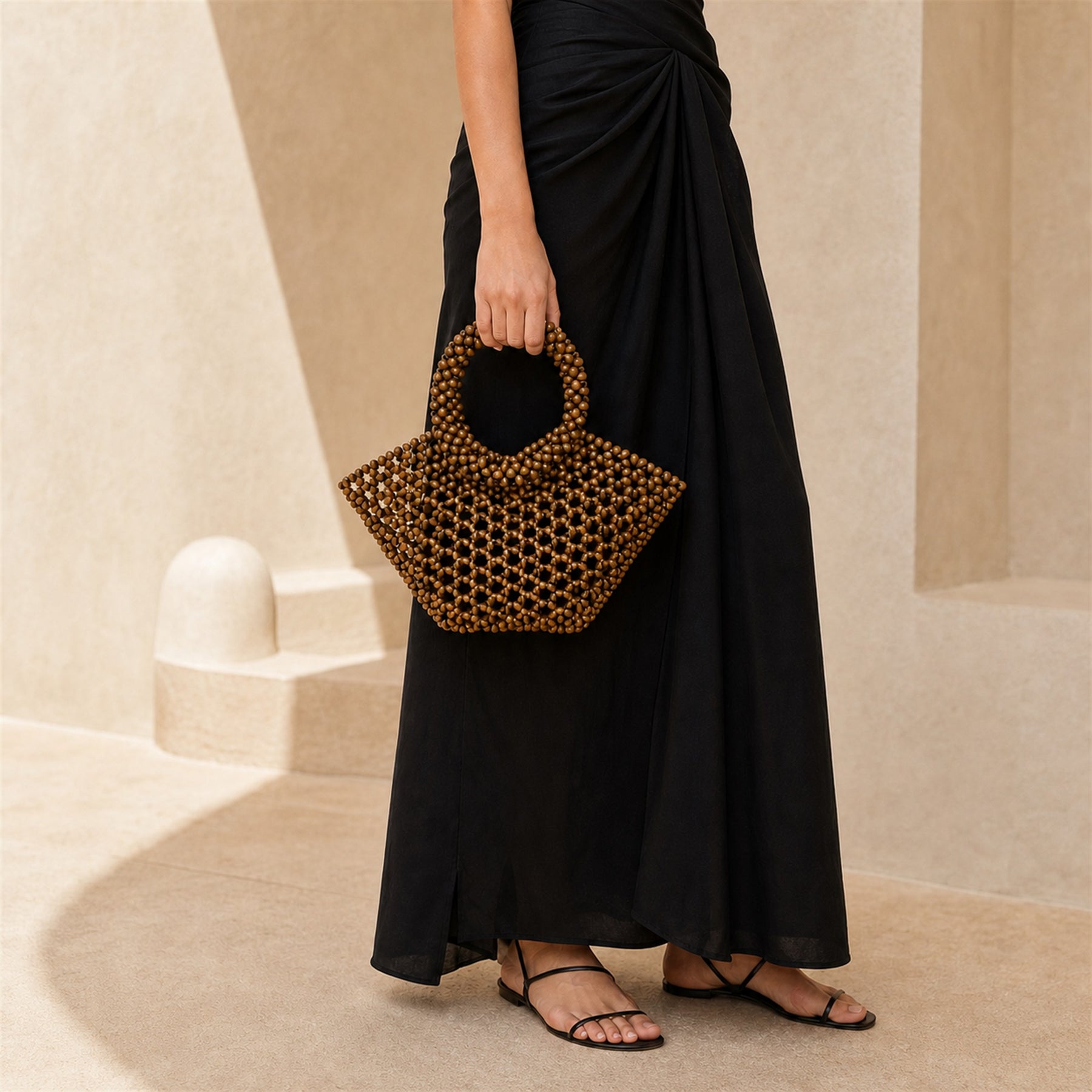Marelune Arden Sculptural Beaded Top Handle Bag in Brown - model view 1