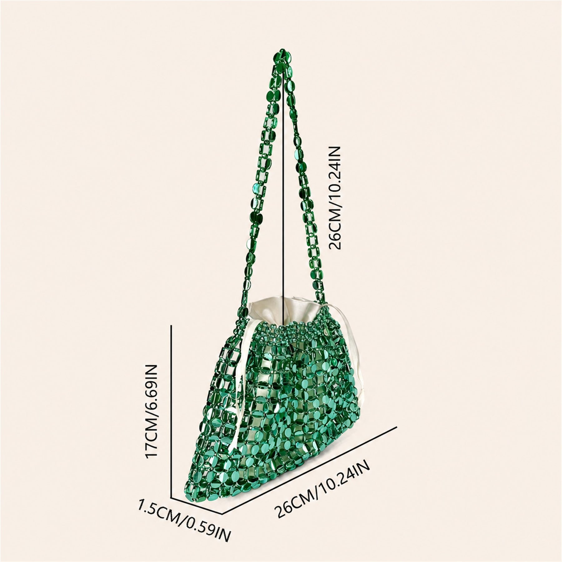 Marelune Aurelia Metallic Beaded Shoulder Bag in Green - size guide view 1
