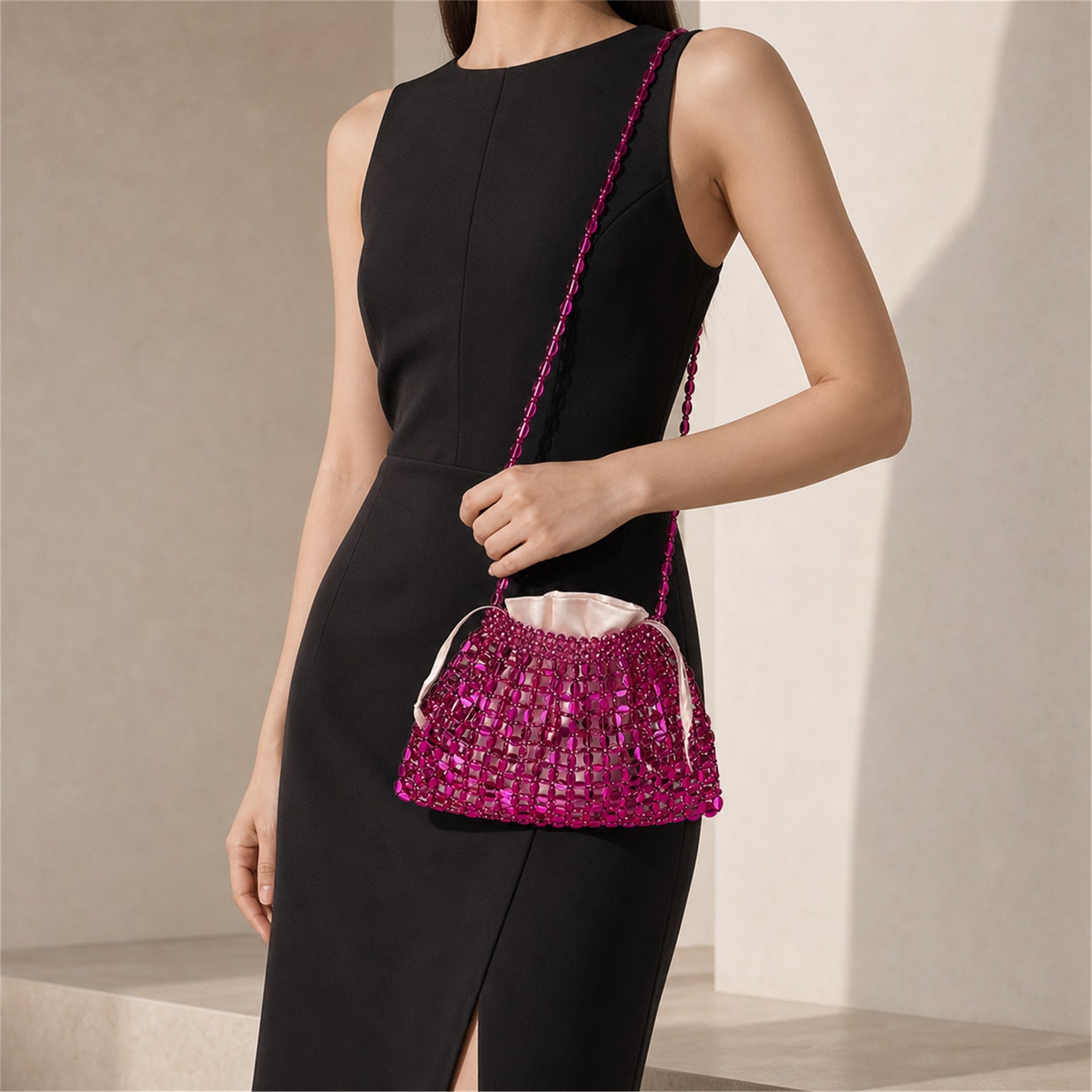 Marelune Aurelia Metallic Beaded Shoulder Bag in Magenta - model view 1
