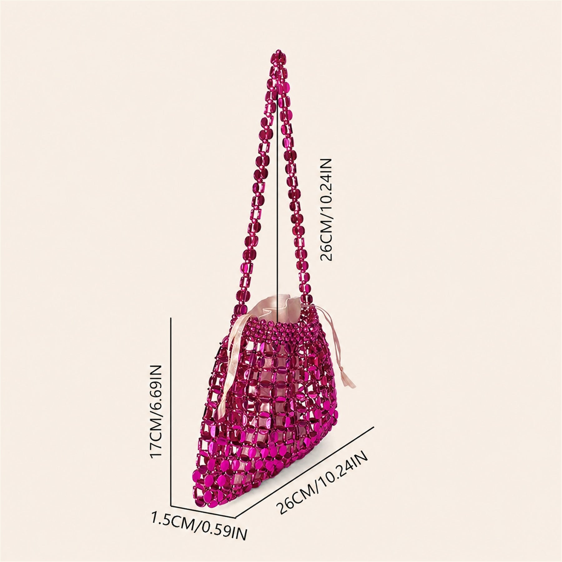 Marelune Aurelia Metallic Beaded Shoulder Bag in Magenta - size guide view 1