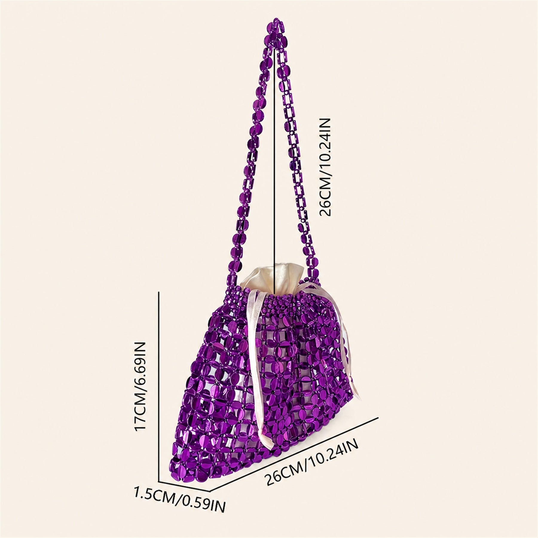 Marelune Aurelia Metallic Beaded Shoulder Bag in Purple - size guide view 1