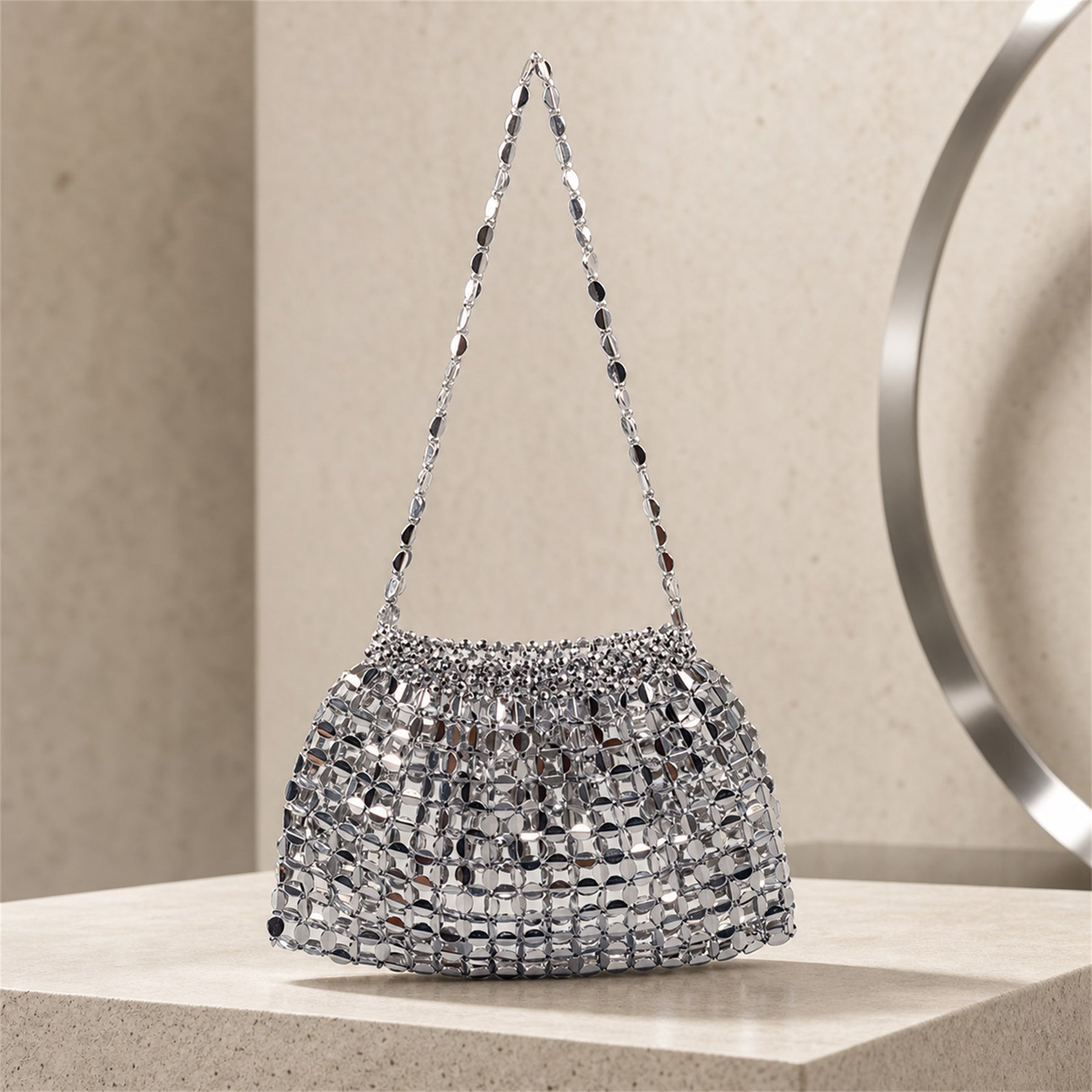Marelune Aurelia Metallic Beaded Shoulder Bag in Silver - scene view 1