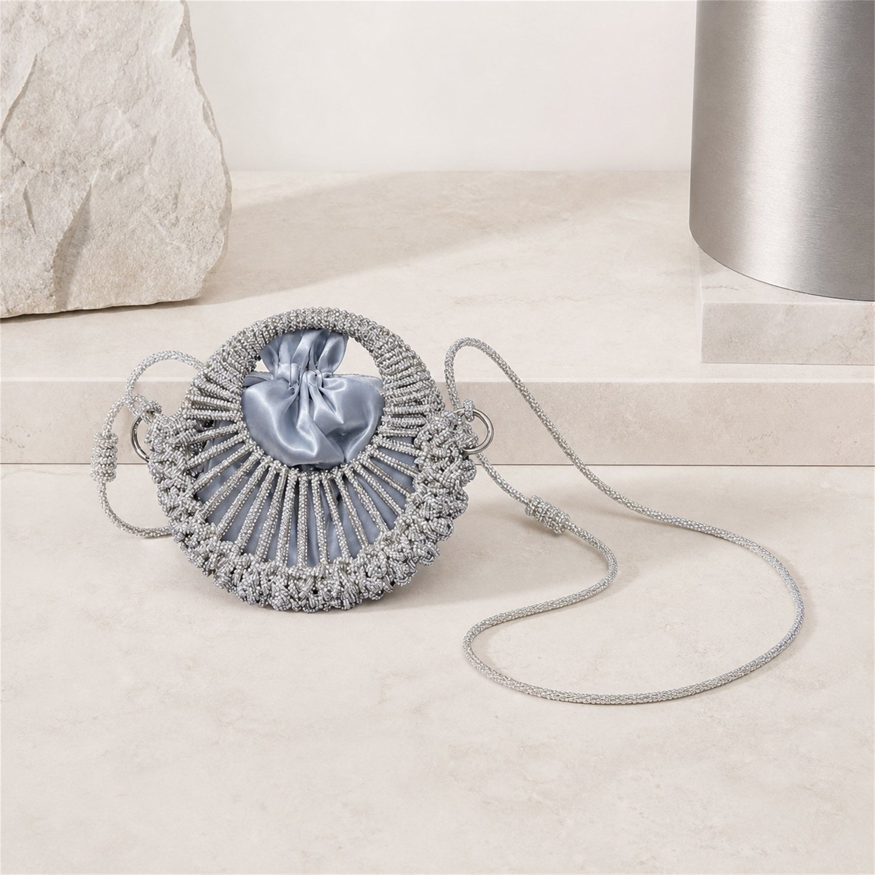 Marelune Celeste Round Drawstring Crossbody Bag in Silver Small - scene view 1