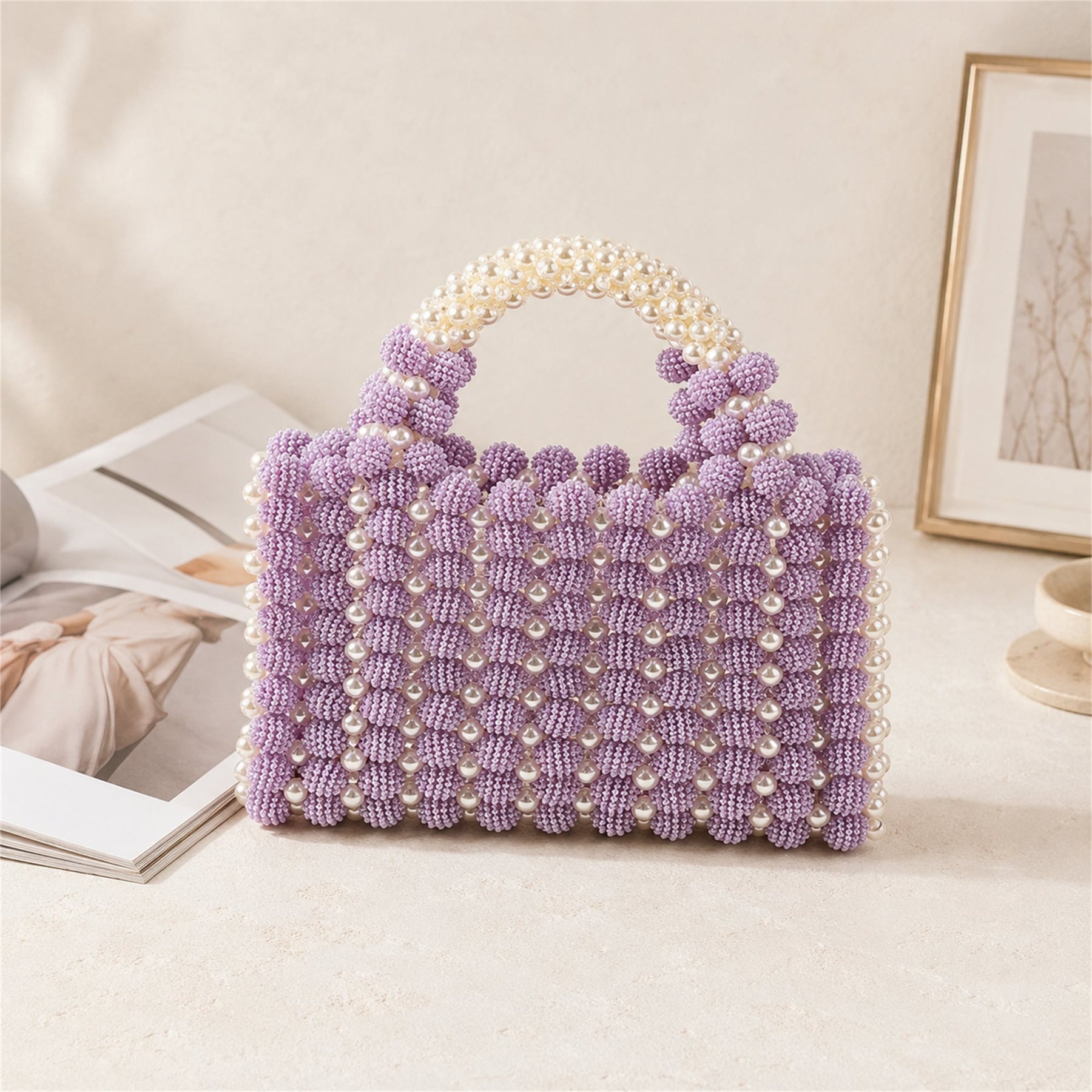 Marelune Floral Beaded Top Handle Bag in Lavender - AI-assisted product preview