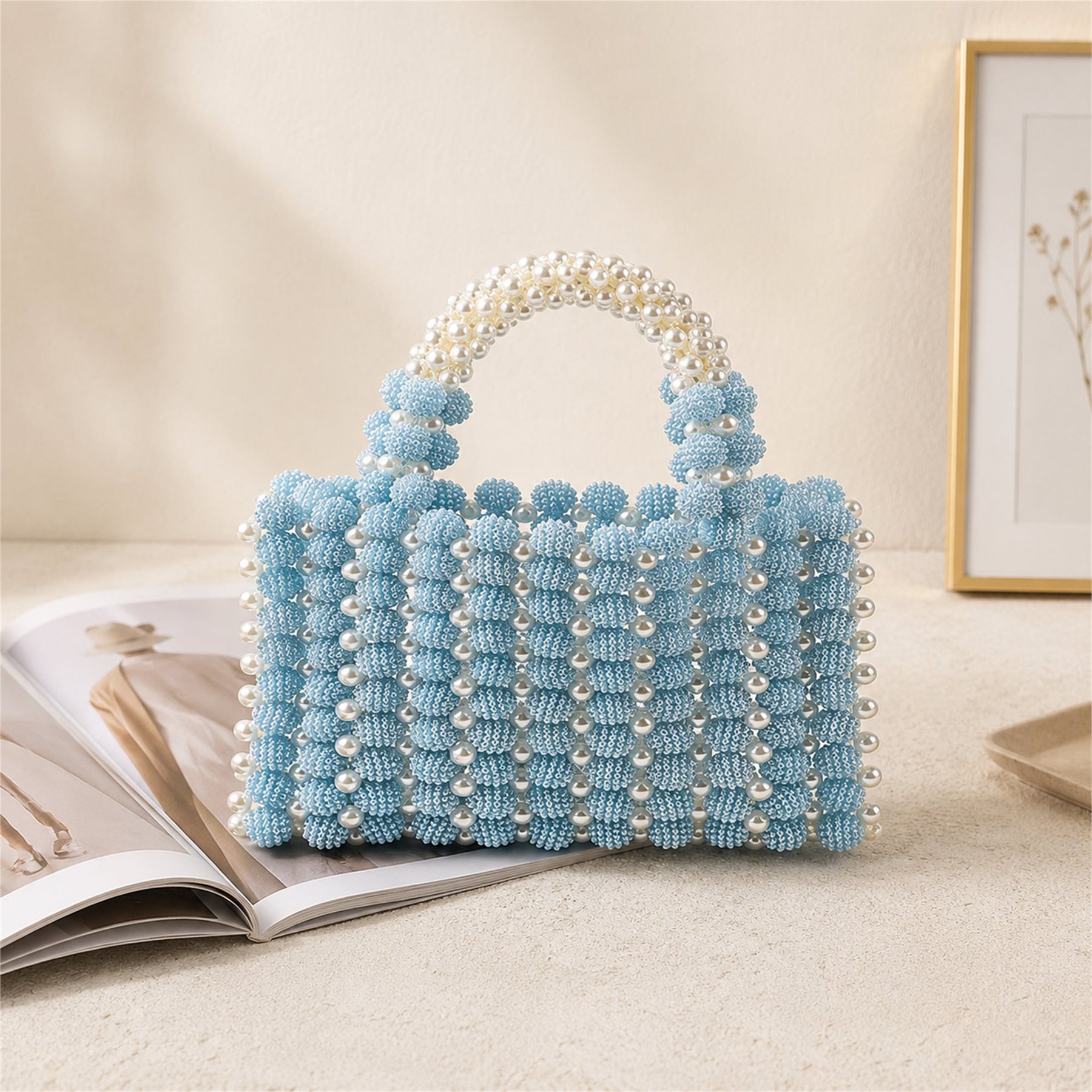 Marelune Floral Beaded Top Handle Bag in Light Blue - AI-assisted product preview
