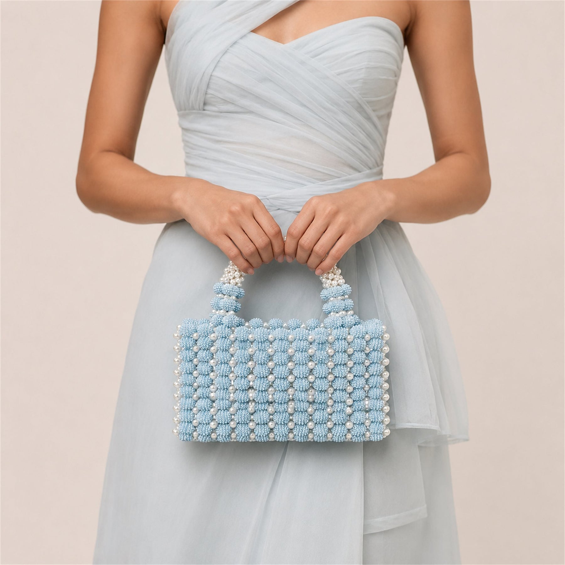 Marelune Floral Beaded Top Handle Bag in Light Blue - AI-assisted product preview