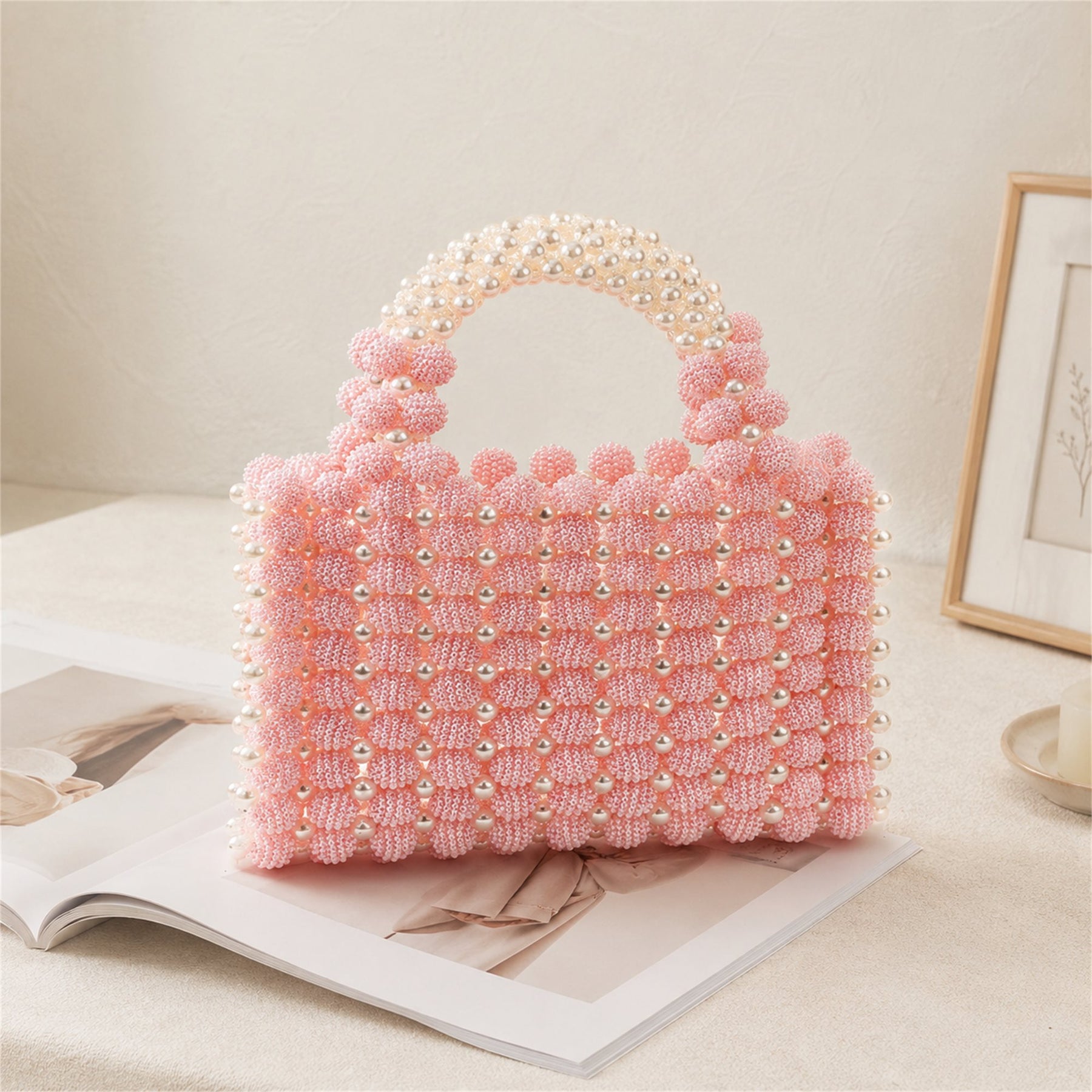 Marelune Floral Beaded Top Handle Bag in Pink - AI-assisted product preview