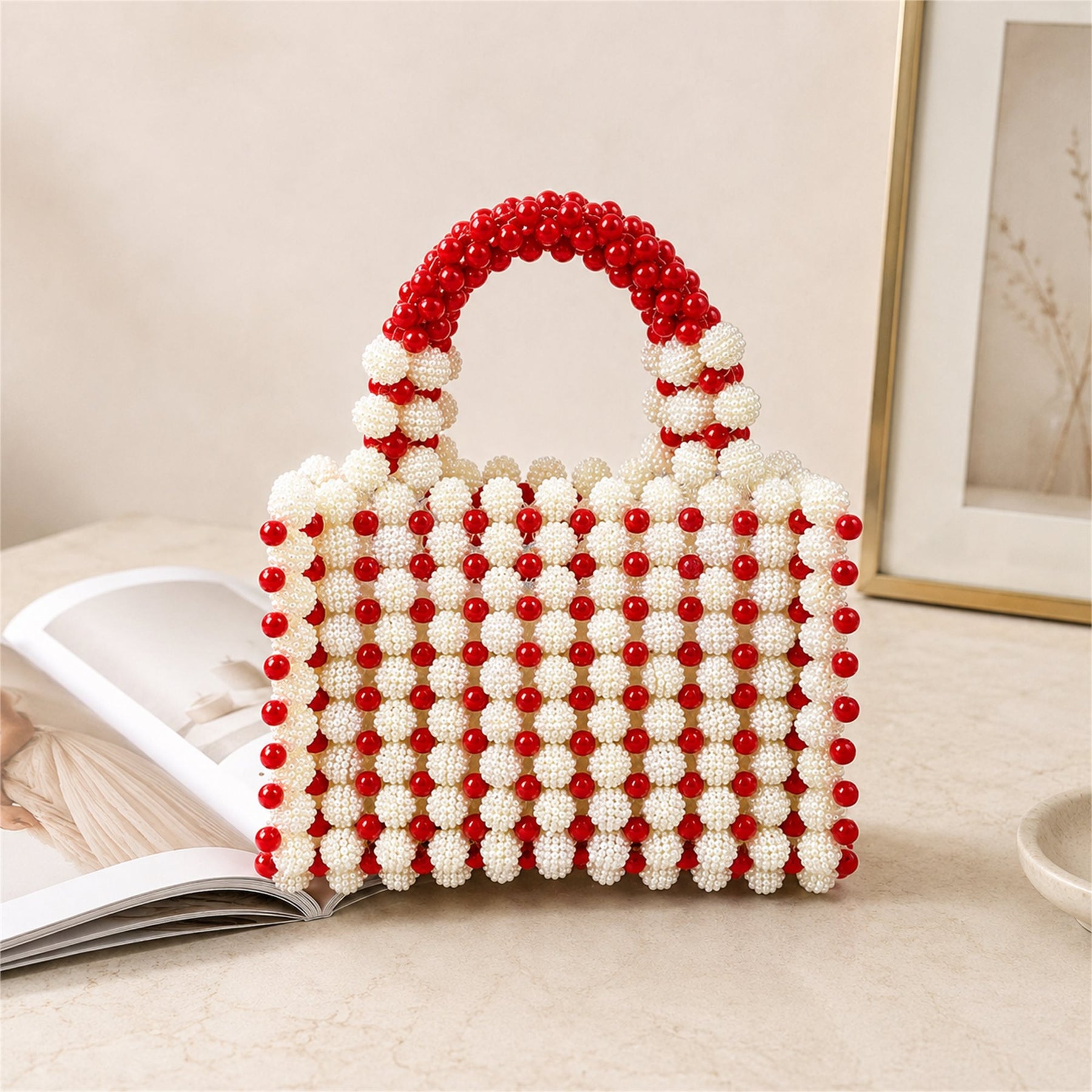 Marelune Floral Beaded Top Handle Bag in Red - AI-assisted product preview