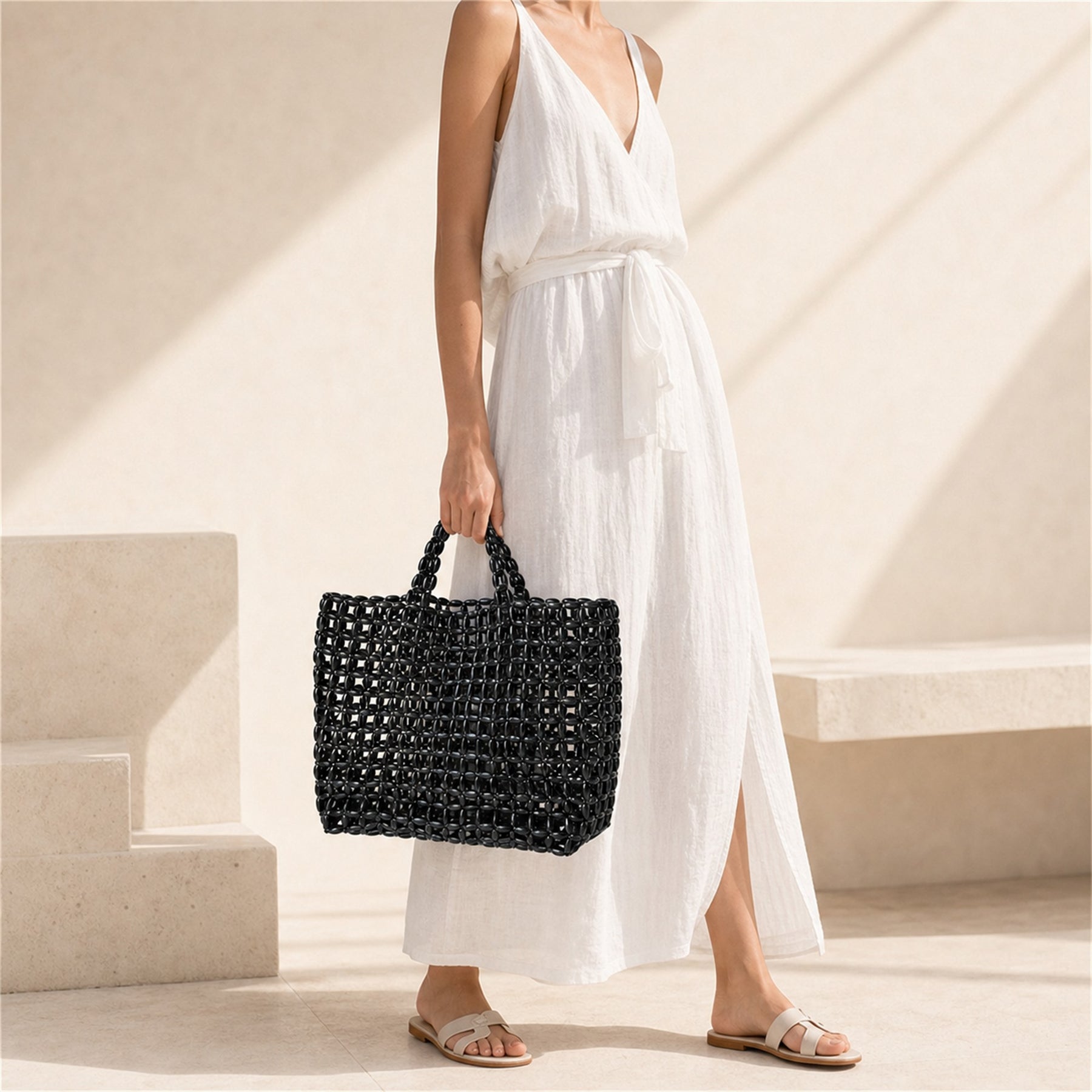 Marelune Mira Open-Weave Wooden Bead Tote in Black - model view 1