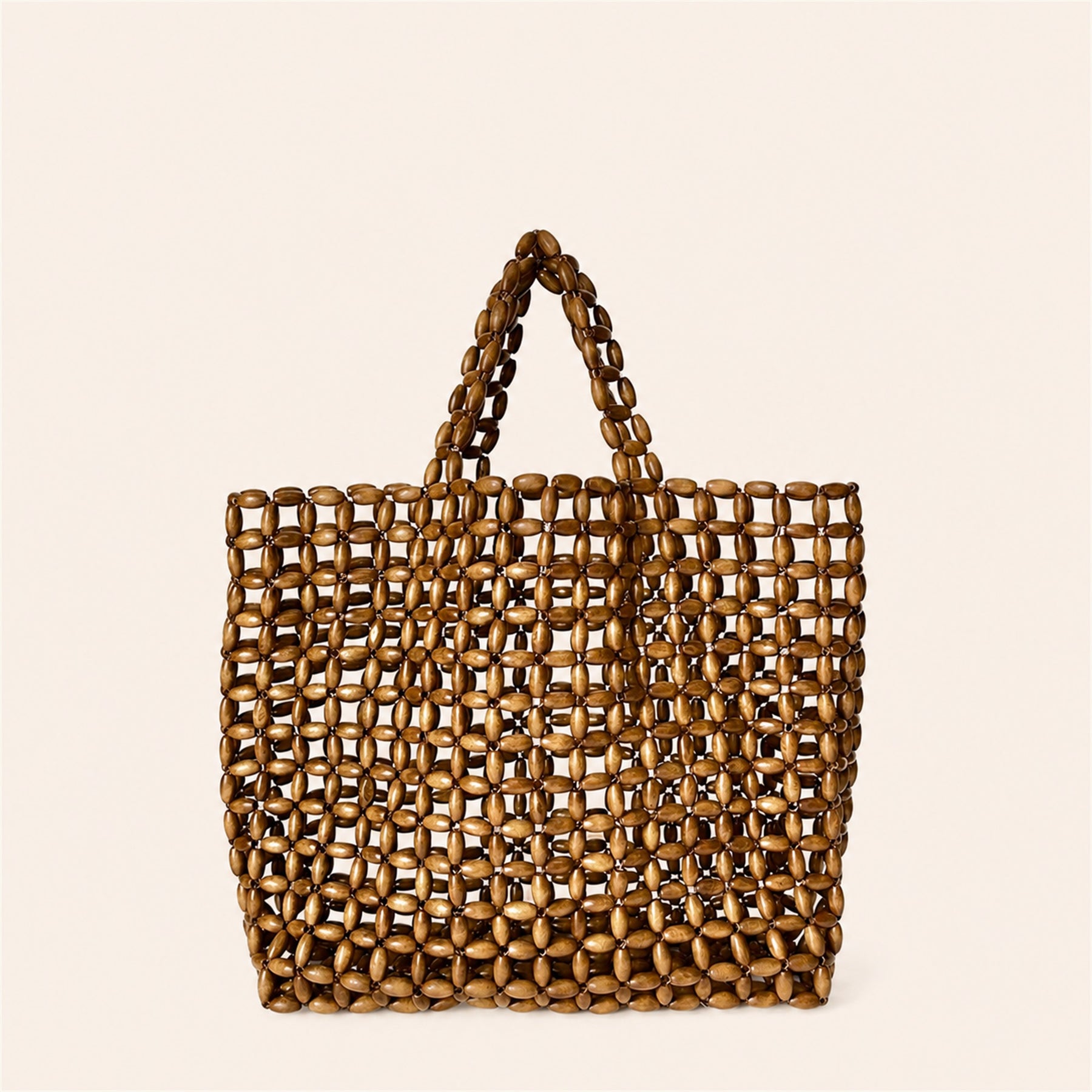 Marelune Mira Open-Weave Wooden Bead Tote in Brown - angle view 1
