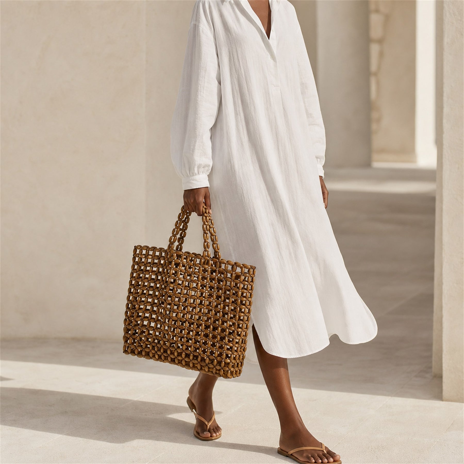 Marelune Mira Open-Weave Wooden Bead Tote in Brown - model view 1