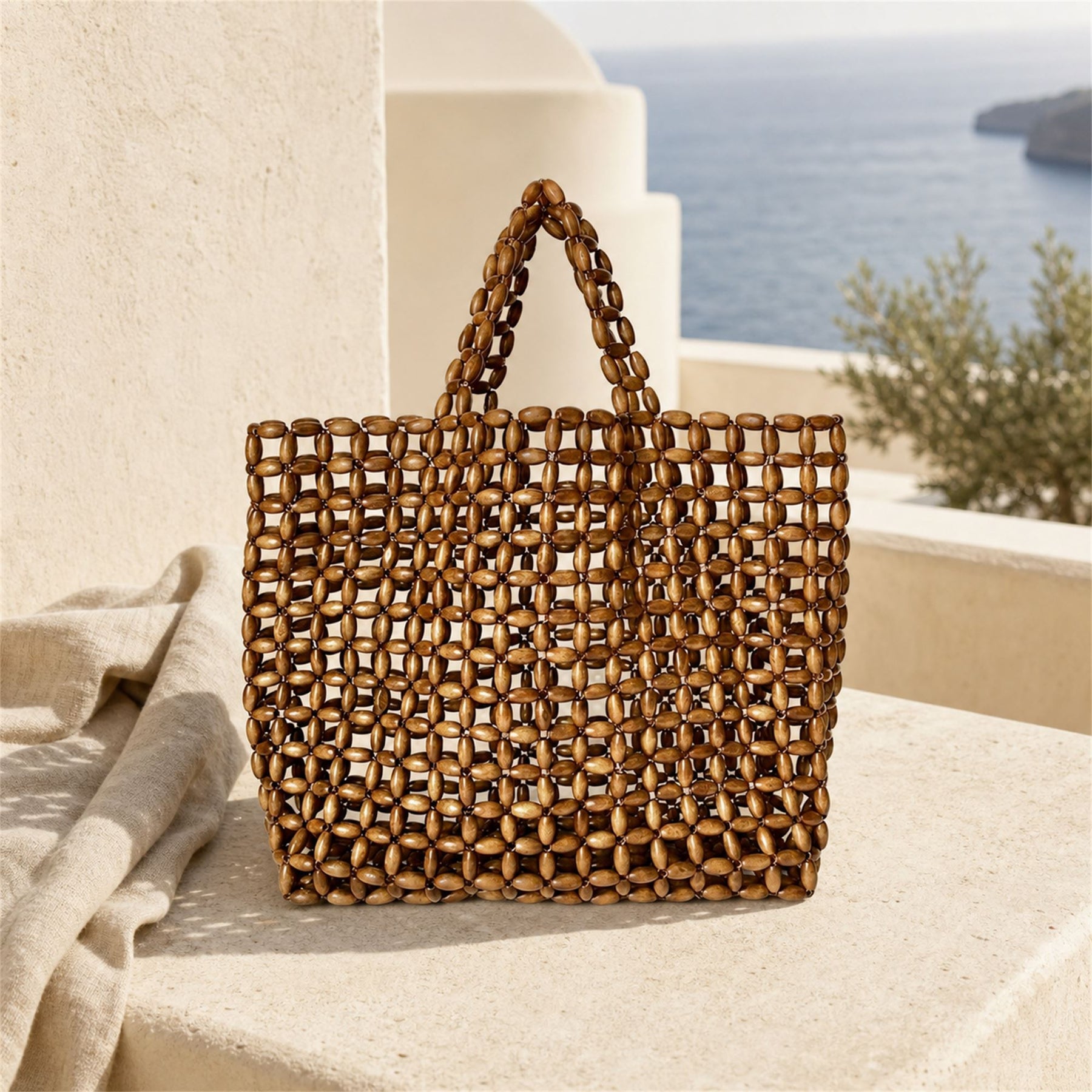 Marelune Mira Open-Weave Wooden Bead Tote in Brown - scene view 1