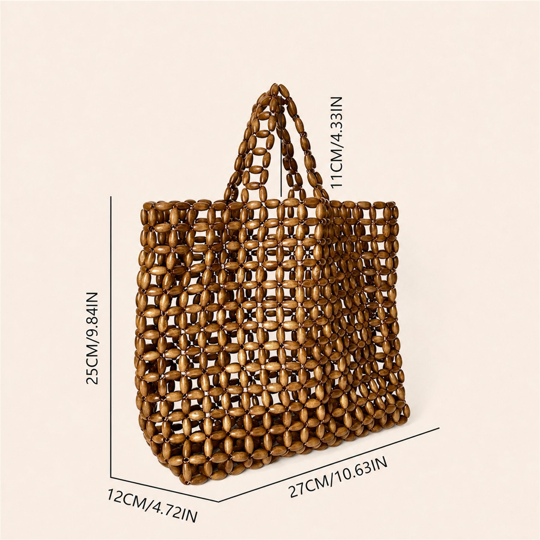 Marelune Mira Open-Weave Wooden Bead Tote in Brown - size guide view 1