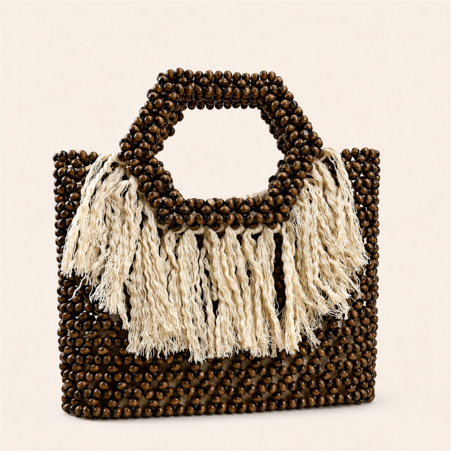 Marelune Sienne Fringe Beaded Top Handle Tote in Brown - angle view 1